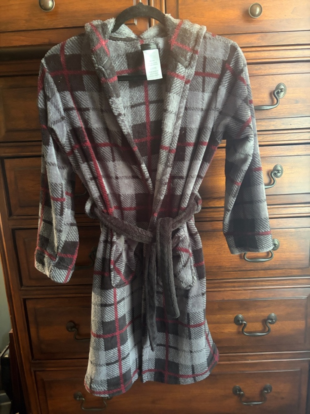 Cuddl Duds Kids Gray and Red Plaid Fleece Robe with Hood